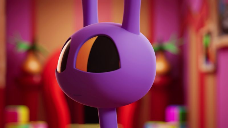 Personaje púrpura con ojos ovalados en ambiente cálido.