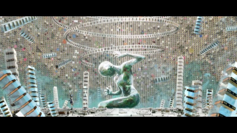 Escenario abstracto y surrealista con una gran estatua central, estructuras arquitectónicas flotantes y rollos de película cinematográfica en espiral.