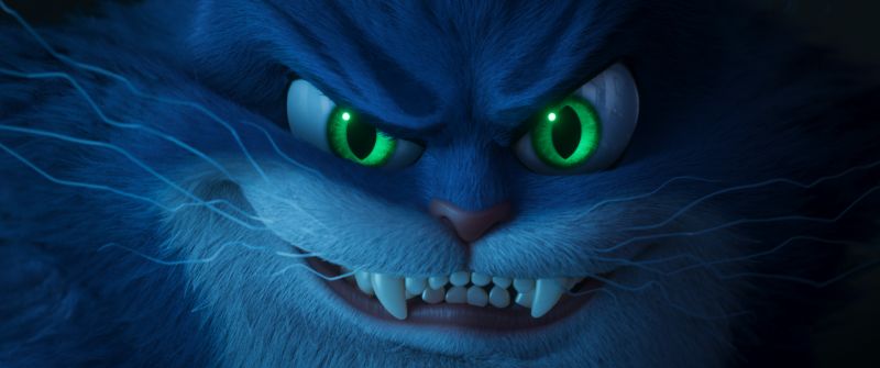 El Gato Puddy como Antagonista Un gato de pelaje azul con afilados colmillos y ojos verdes brillantes mostrando una expresión malvada y amenazante.