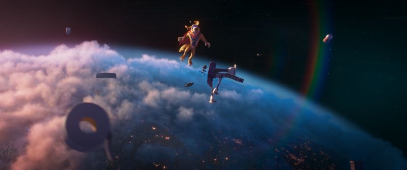 Aventura Espacial en Súper Canino Charlie flotando en el espacio exterior frente a la curvatura del planeta Tierra y objetos flotando en órbita.