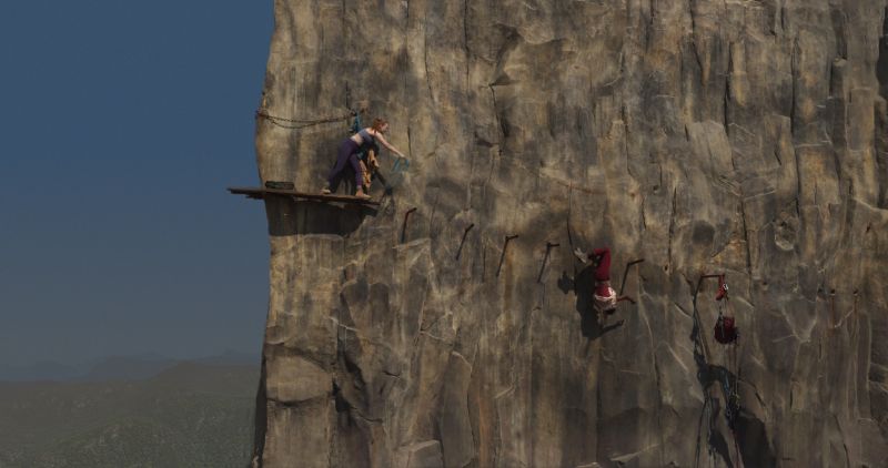 Maniobras de riesgo en la pared de roca Dos escaladoras sobre una estructura metálica y peldaños de hierro incrustados en una pared de roca completamente vertical.