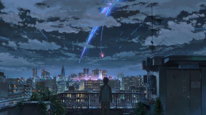 Taki Observando el Cometa en Tokio Taki de espaldas en una azotea de Tokio observando maravillado un cometa brillante que cruza el cielo nocturno lleno de nubes y luces de la ciudad.