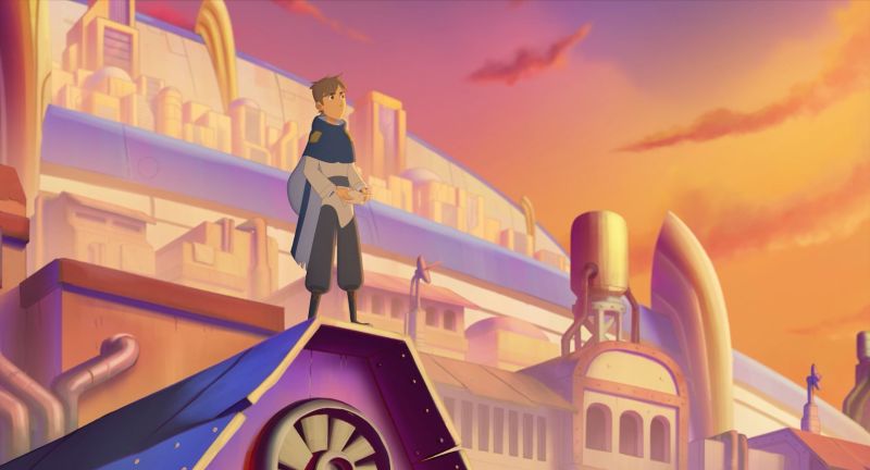 El joven protagonista de pie sobre el techo de un edificio contemplando la majestuosa ciudad fantástica al atardecer.