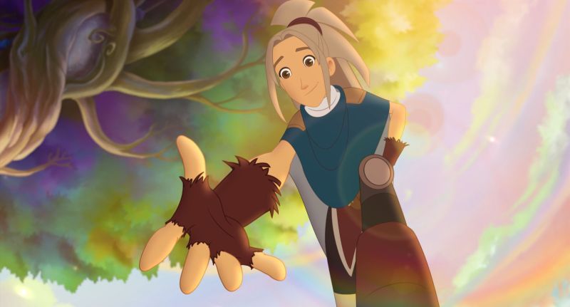 Un personaje extendiendo su mano hacia abajo con gesto amable y de ayuda bajo la copa de un árbol brillante.