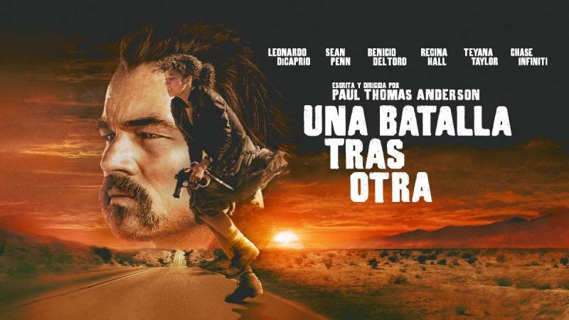Arte promocional con un rostro masculino en primer plano sobre un paisaje desértico al atardecer, acompañado de una figura femenina en posición de acción sosteniendo un arma.