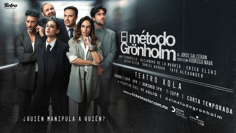 Elenco de “Método Grönholm” en imagen promocional Fotografía promocional de seis intérpretes posando en un entorno teatral con iluminación oscura.