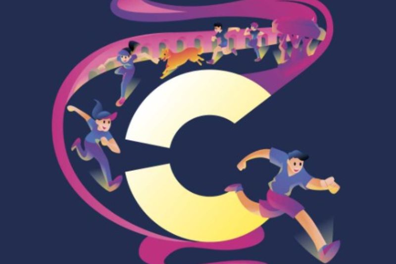 Ilustración digital sobre fondo oscuro con detalles amarillos y morados que muestra la silueta estilizada de varios atletas corriendo junto a un perro alrededor de un emblemático logotipo circular central.