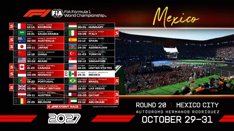 Grafismo oficial del calendario 2027 de Formula 1 que muestra las 24 fechas confirmadas a la izquierda y una toma del Autódromo Hermanos Rodríguez con un monoplaza en pista a la derecha.