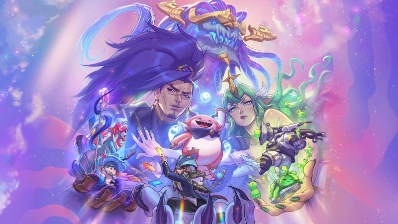 Ilustración fantástica con personajes estilizados en un entorno cósmico lleno de energía y criaturas míticas.