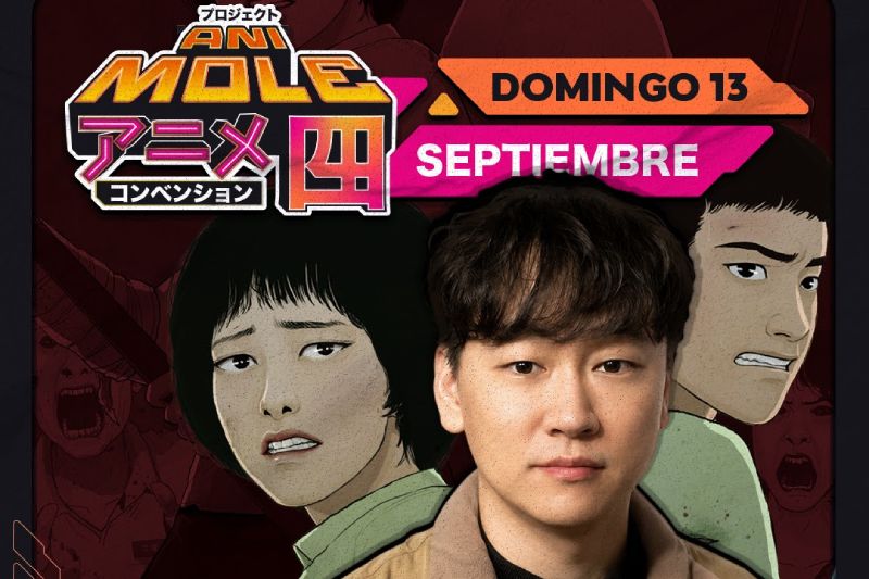 Joo Dong-geun invitado internacional en AniMole 4 Promocional del autor Joo Dong-geun junto al logotipo de AniMole 4 en tonos rosa y naranja, con los personajes del webtoon Estamos muertos de fondo sobre fondo oscuro.