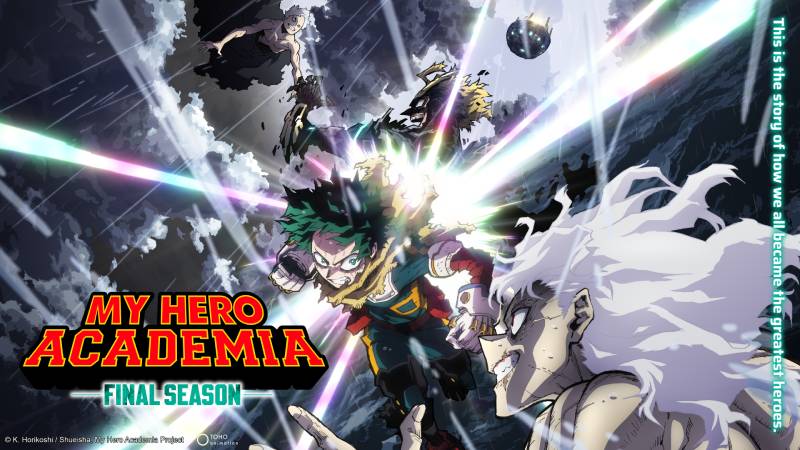 Ilustración promocional con héroes y villanos en poses dinámicas bajo un cielo tormentoso, destacando la intensidad de la temporada final.