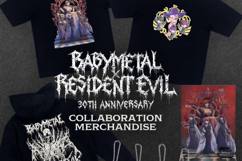 Colección oficial BABYMETAL × Resident Evil por el 30 aniversario Vista general de la colección especial que incluye camisetas, sudadera, soporte acrílico y llaveros, con diseños que combinan la estética de BABYMETAL con personajes de Resident Evil, bajo el título de la colaboración y mención al 30 aniversario.