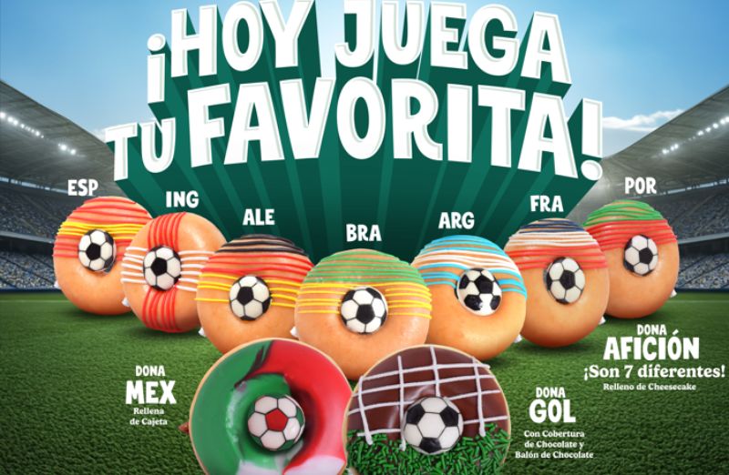 Colección futbolera de Krispy Kreme en temporada especial Fotografía promocional con donas temáticas inspiradas en banderas de distintos países y una caja especial que puede convertirse en futbolito.