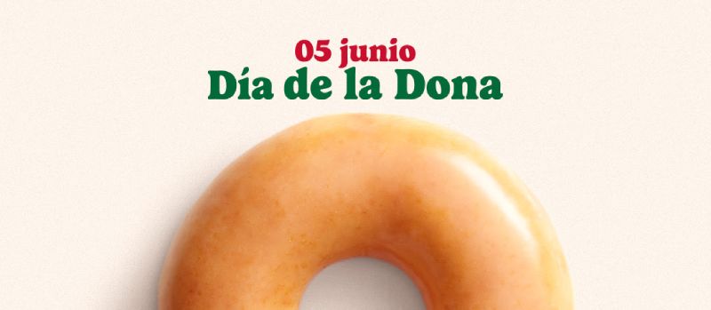 Composición gráfica con una dona glaseada sobre fondo claro acompañada de texto alusivo al Día de la Dona.