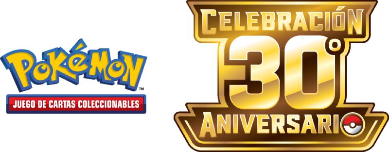 Composición gráfica con logotipos relacionados con el Juego de Cartas Coleccionables Pokémon y su celebración de aniversario.