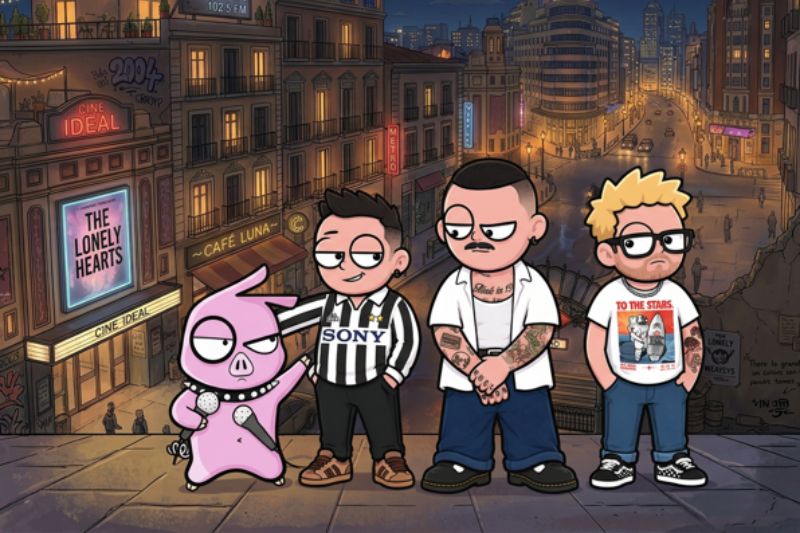 Ilustración promocional de la banda Pignoise Ilustración en estilo caricatura que muestra a los tres integrantes de la banda Pignoise junto a la mascota de un cerdo rosa sosteniendo micrófonos, ubicados en una calle urbana nocturna con anuncios iluminados de fondo.