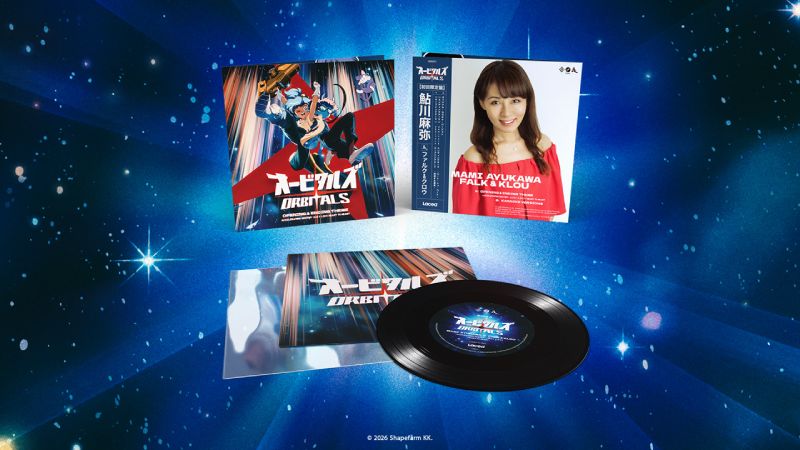 Edición en vinilo de la banda sonora de Orbitals con Mami Ayukawa Fotografía del producto en vinilo de 7 pulgadas de Orbitals, mostrando la funda con arte retro estilo anime, el disco de vinilo negro en primer plano y un encarte con el retrato de la cantante Mami Ayukawa.