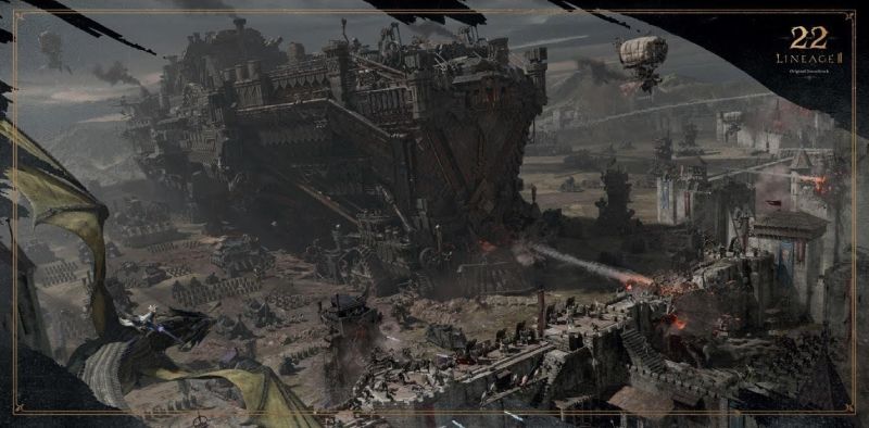 Asedio al castillo en ilustración conmemorativa de Lineage II Ilustración oficial del 22 aniversario de Lineage II. La escena muestra una gran fortaleza de piedra gris bajo el asedio de un gigantesco vehículo de guerra modular de madera y metal que avanza sobre orugas. En el cielo sombrío vuelan naves tipo zepelín y un dragón alado en la esquina inferior izquierda. Sobre la muralla del castillo, pequeños soldados de infantería defienden la posición en medio de explosiones de fuego y proyectiles. En la esquina superior derecha se lee el logotipo "22 LINEAGE II Original Soundtrack" en color dorado.