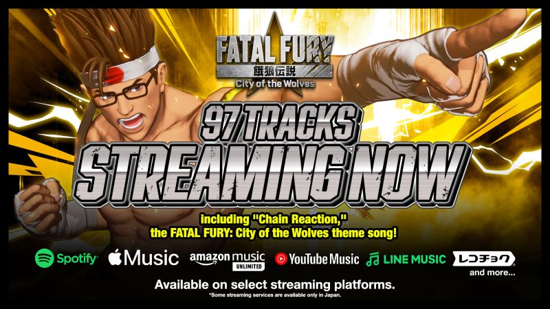 Fatal Fury: City of the Wolves – Banda sonora disponible Ilustración promocional con un personaje en pose dinámica sobre un fondo amarillo, acompañada del título del juego y referencias a plataformas de streaming.