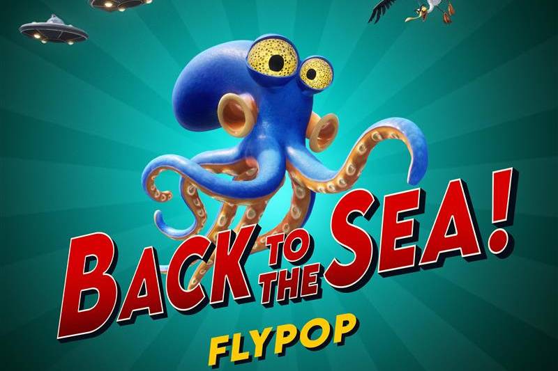 Arte promocional de Back to the Sea Ilustración con un pulpo azul de estilo caricaturesco rodeado de elementos fantásticos como aves y naves voladoras sobre un fondo radial en tonos turquesa.