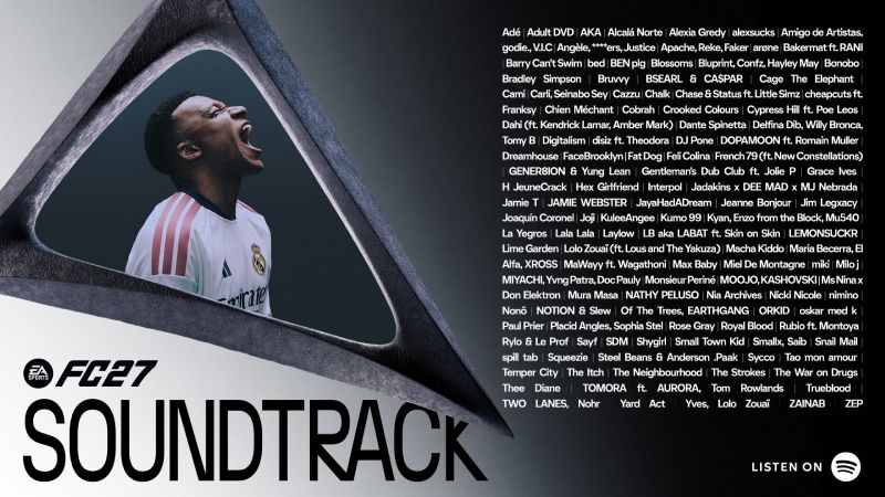 EA SPORTS FC 27 revela la lista oficial de artistas de su soundtrack Aviso publicitario oficial del soundtrack de EA SPORTS FC 27 con fondo gris e industrial. A la izquierda aparece una captura del futbolista Vinícius Júnior celebrando con la playera del Real Madrid dentro de un marco triangular. A la derecha se despliega el listado completo de los 120 artistas en tipografía blanca sobre fondo negro.