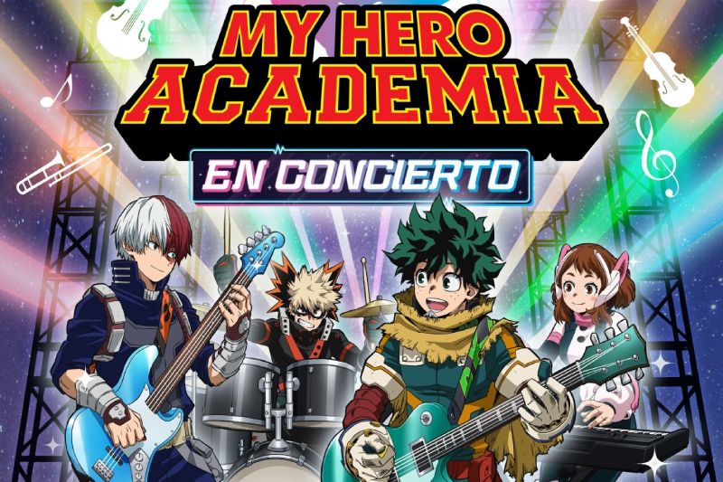 Cartel oficial de My Hero Academia en Concierto Ilustración del anime My Hero Academia en formato de banda de rock en un escenario, con los personajes Todoroki en el bajo, Bakugo en la batería, Midoriya en la guitarra principal y Uraraka en el teclado bajo el título del show.