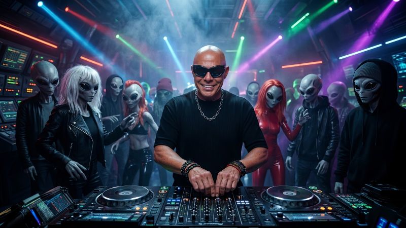 Escena de un club futurista donde un DJ toca frente a una multitud de figuras humanoides con estética extraterrestre, iluminados por luces neón y un ambiente festivo.