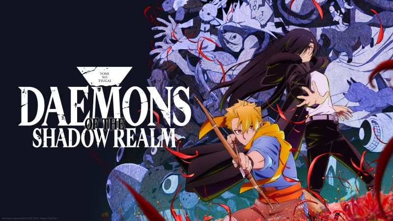 Ilustración promocional con dos personajes en poses dinámicas rodeados de energía roja y figuras sombrías, evocando acción sobrenatural y fantasía oscura.
