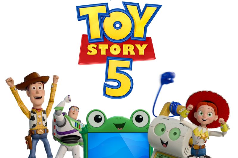 Arte promocional de la película 'Toy Story 5' para su lanzamiento en Disney+. En la parte superior destaca el logotipo oficial con las letras en amarillo y rojo sobre el número 5 en azul. En la parte inferior posan alegremente Woody alzando los brazos, Buzz Lightyear en pose heroica, una tablet con cara de rana sonriente, un juguete electrónico de aprendizaje color blanco y Jessie levantando el brazo con su sombrero rojo.