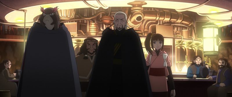 El Margrave Juro y Kara en una taberna galáctica Vista del Margrave Juro con capa oscura acompañado por Kara y un alienígena en el interior de una taberna futurista llena de parroquianos.