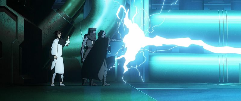 Experimento de energía con Cristales Kyber en La Novena Jedi Escena en una instalación industrial donde una figura enmascarada canaliza un potente rayo de energía azul brillante mientras otros personajes observan.