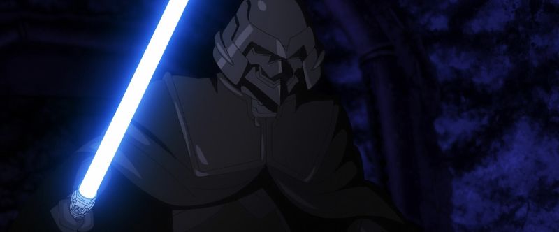 Guerrero enmascarado con sable de luz en La Novena Jedi Primer plano de un guerrero con armadura oscura y casco de estilo samurái sosteniendo un sable de luz azul brillante en un entorno nocturno.