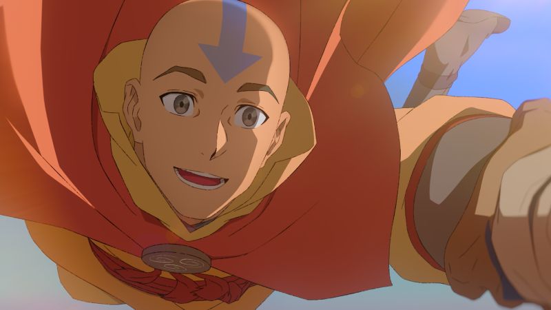 Ilustración animada de un personaje en movimiento sobre un cielo luminoso.