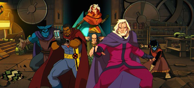 X‑Men ’97 — Equipo en laboratorio Grupo de mutantes reunidos en un taller lleno de engranes y maquinaria.