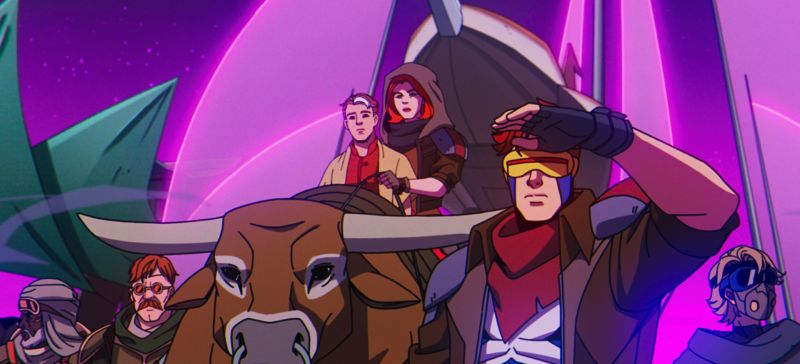 X‑Men ’97 — Escenario interestelar Seis personajes frente a estructuras púrpuras en un entorno cósmico.