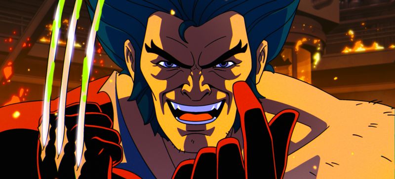 X‑Men ’97 — Combate y energía Mutante con garras metálicas extendidas frente a un fondo de fuego.