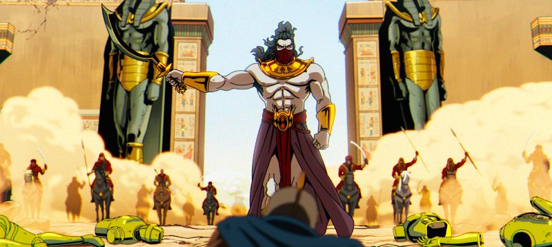 X‑Men ’97 — En Sabah Nur Figura central levantando una espada en un templo inspirado en el Antiguo Egipto.