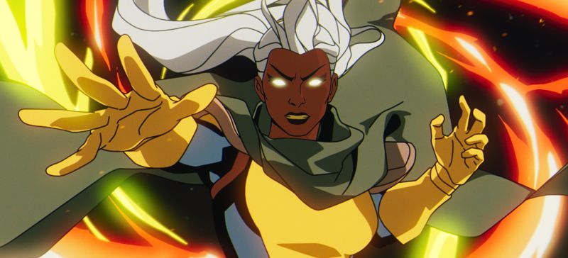 X‑Men ’97 — Manifestación de poder Mutante de cabello blanco liberando energía ardiente en tonos cálidos.