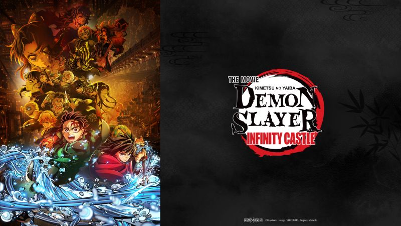 Demon Slayer: Infinity Castle – Arte promocional Póster promocional con personajes de una producción de anime en un entorno arquitectónico dorado y dinámico.