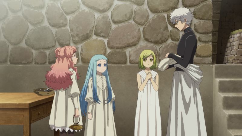 Escena animada con cuatro personajes en un entorno interior de estilo fantástico, con vestimentas largas y ambiente artesanal.