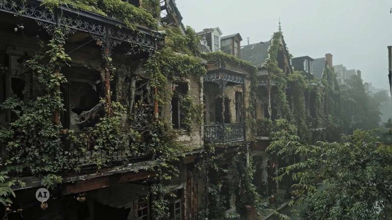 Edificios antiguos cubiertos por vegetación densa y envueltos en neblina, mostrando un entorno urbano abandonado y reclamado por la naturaleza.