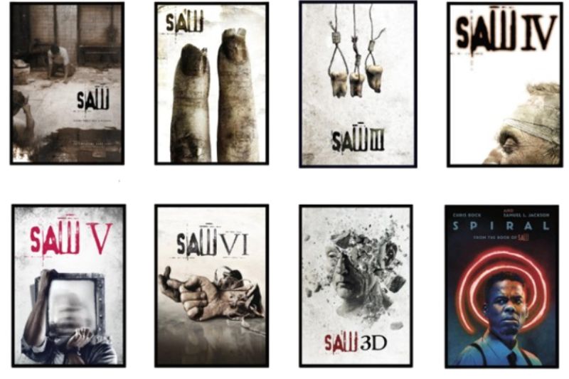Especial de la saga Saw en AMC Collage promocional con los carteles de varias películas de la franquicia “Saw”, incluyendo “Saw”, “Saw II”, “Saw III”, “Saw IV”, “Saw V”, “Saw VI”, “Saw 3D” y “Espiral”.