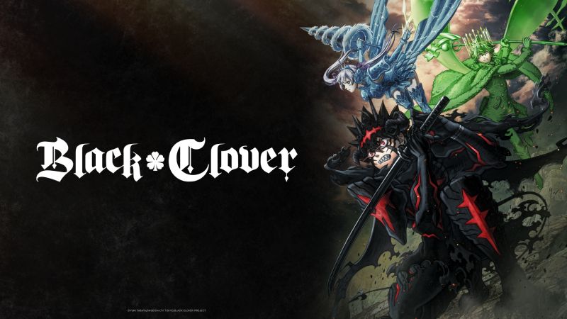 Arte Promocional de Black Clover Temporada 2 Banner horizontal de la segunda temporada de Black Clover sobre fondo oscuro, con el logotipo oficial a la izquierda y la ilustración de Asta, Yuno y Noelle a la derecha.