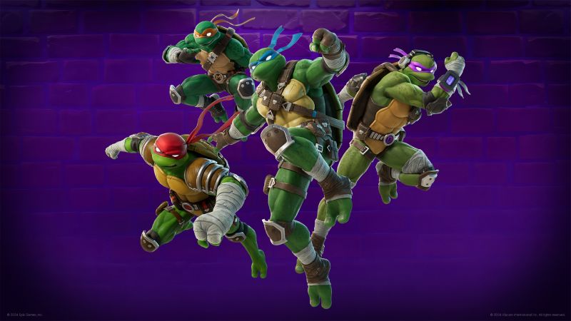 Las cuatro Tortugas Ninja saltando en posición de ataque