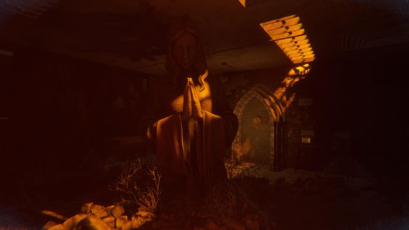 Dark Atlas — Iconografía esotérica Estatua en posición de oración rodeada de vegetación y ruinas.