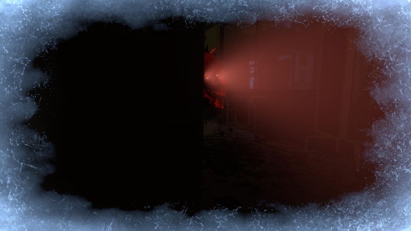 Dark Atlas — Señal de presencia paranormal Interior oscuro visto a través de bordes helados con luz roja al fondo.