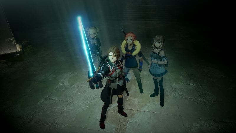 Personajes estilo anime en un entorno oscuro dentro de una mazmorra, con un protagonista sosteniendo una espada luminosa mientras otros aliados lo acompañan.