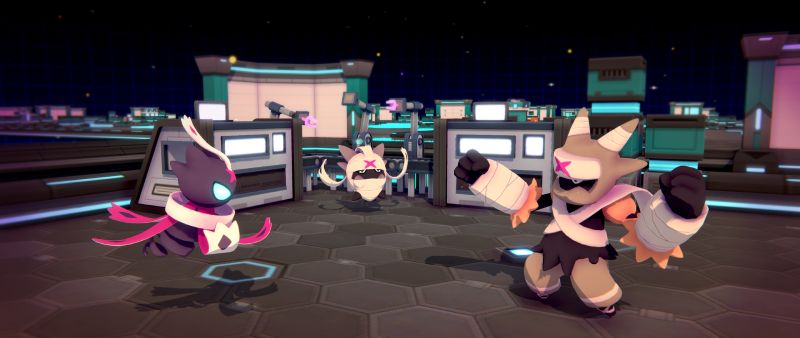 Temtem Swarm lanza su versión 1.0 Tres criaturas de Temtem Swarm en un entorno futurista enfrentándose en combate dentro de una arena tecnológica.