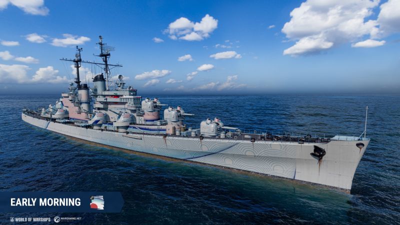Escena naval de World of Warships con buques de guerra en combate sobre el océano.
