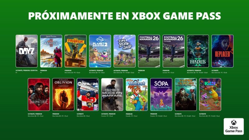 Próximamente en Xbox Game Pass — Abril 2026 Banner promocional con múltiples portadas de videojuegos organizadas en filas bajo el título “Próximamente en Xbox Game Pass”, sobre un fondo verde característico de Xbox.